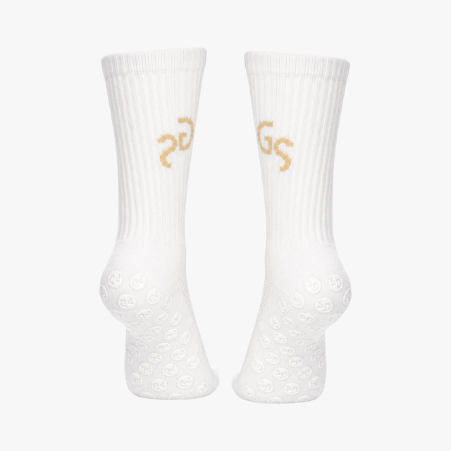 Hvite gripsocks - beige logo | 2026 versjon