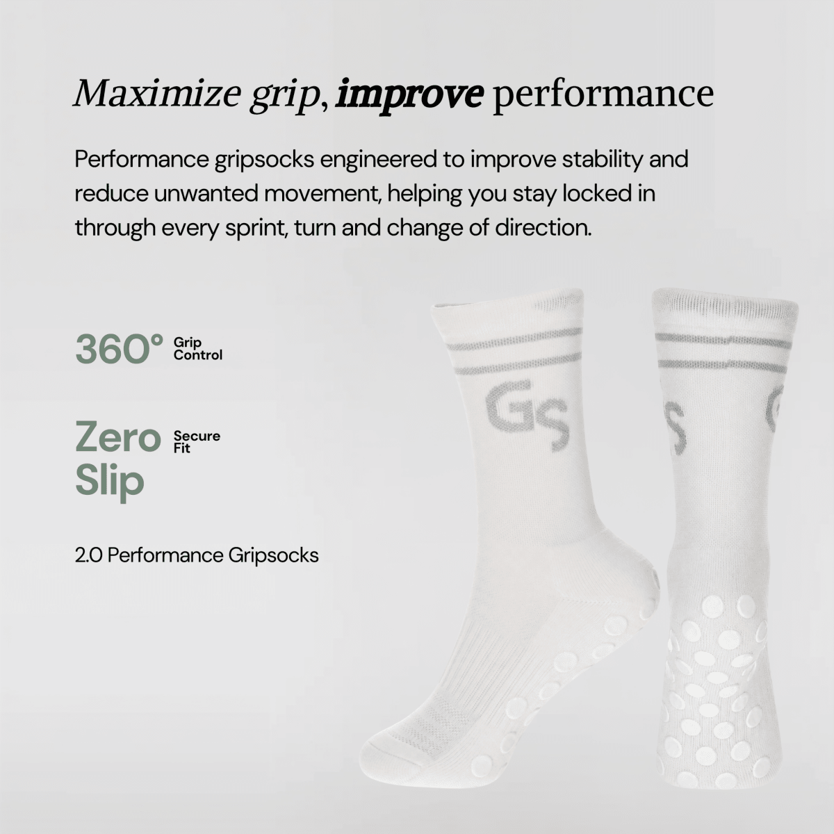 2.0 Standard - Hvite gripsokker med grå logo - GSPERFORMANCE