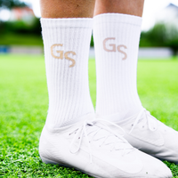 Hvite gripsocks - beige logo | 2026 versjon