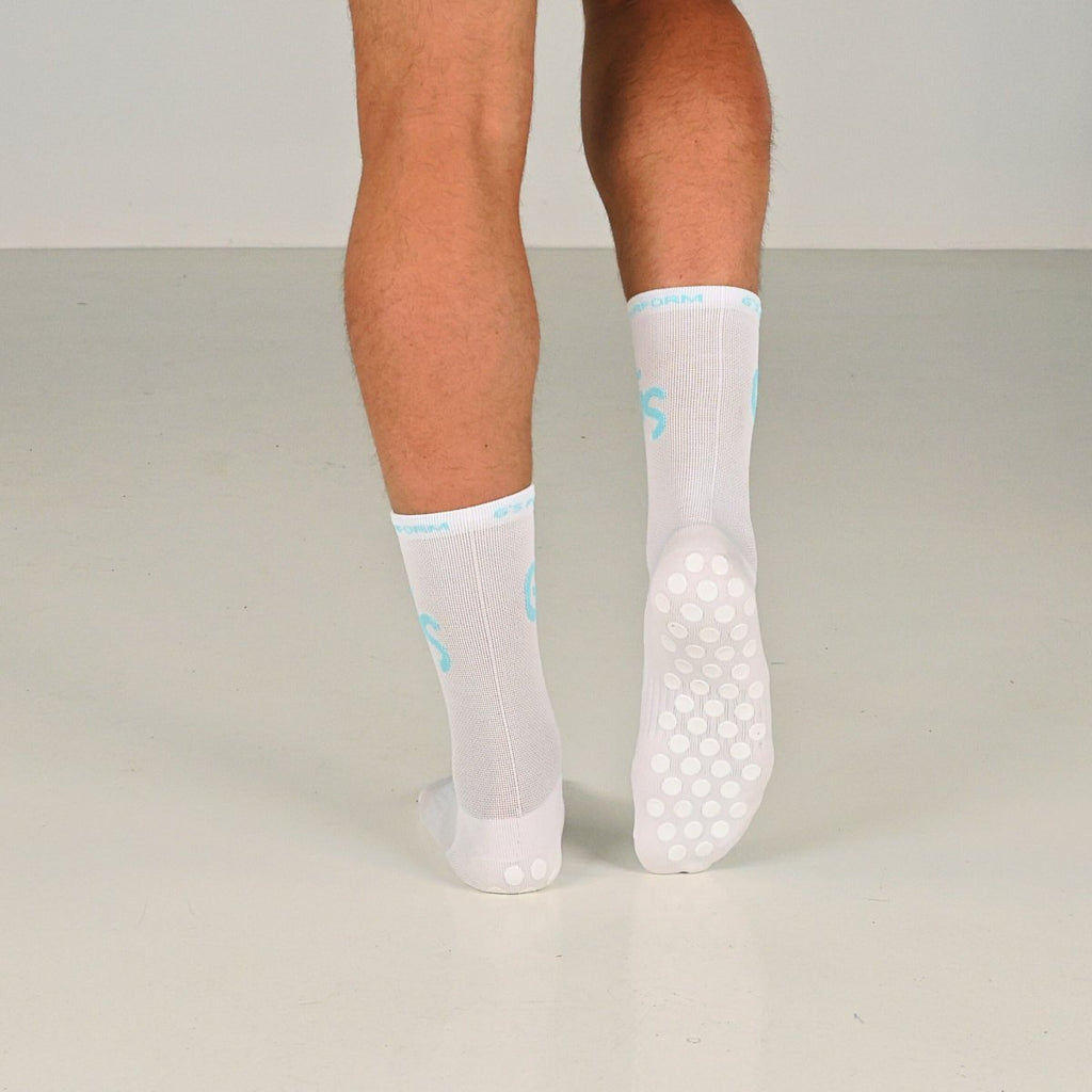 Standard - Hvite Gripsocks med turkis logo - GSPERFORMANCE